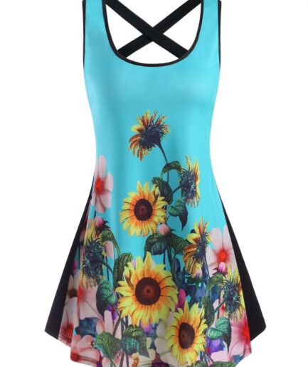 Dresslily Women Vacation Dress Sunflower Print Tank Dress Contrast Colorblock Criss Cross Mini Dress Clothing L Multicolor
