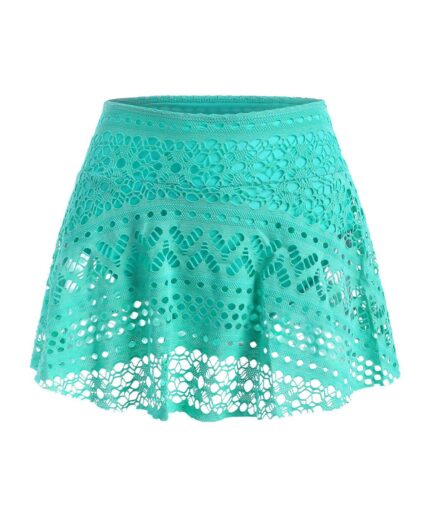 Dresslily Women Guipure Lace Plain Skirted Swim Bottom Swimsuit S Green