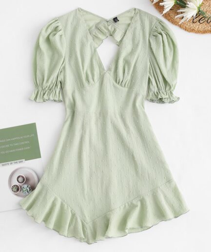 Mini Dress Swiss Dot Puff Sleeve Ruffle Open Back Dress M Light green