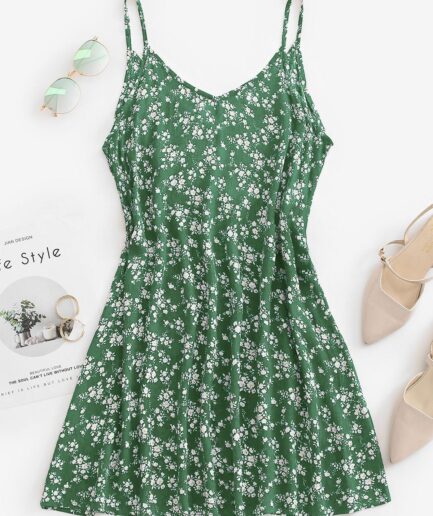 Print Ditsy Floral Trapeze Cami Summer Dress L Deep green