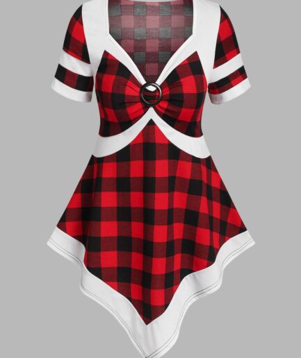 Women Plaid Printed O Ring T Shirt Clothing L Multicolor