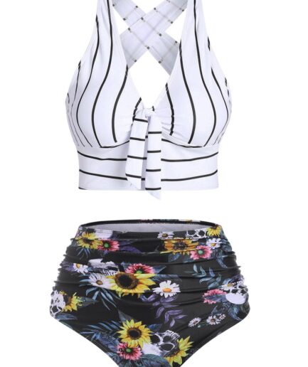 Dresslily Women Tummy Control Bikini Swimsuit Sunflower Striped Print Bathing Suit Knotted Cross Ruched Contrast Bathing Suit Swimsuit M White