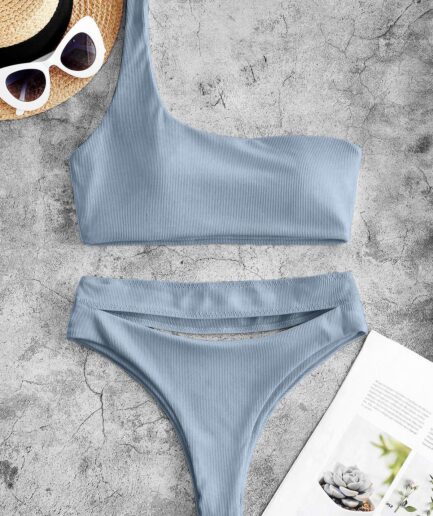 ZAFUL Ribbed Cutout One Shoulder High Leg Bikini Swimwear M Light blue