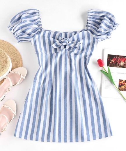 Print ZAFUL Striped Tied Ruffle Puff Sleeve Dress M Blue