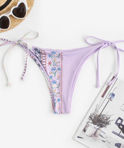 ZAFUL Bohemian Flower Ribbed Tie Side Bikini Bottom M Light purple