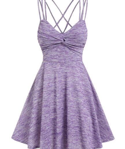 Dresslily Women Space Dye Print Mini Dress Crisscross Back Strappy Dress Front Twisted Casual Dress Clothing L Light purple