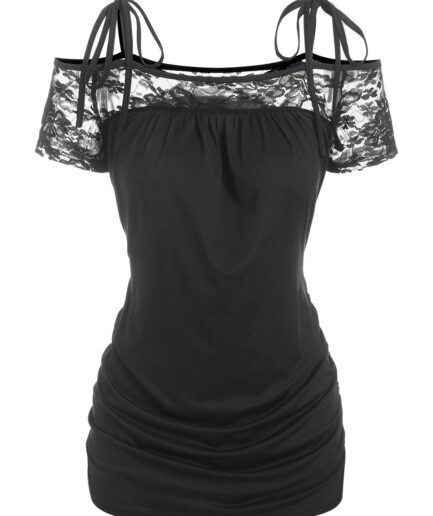 Women Ruched Floral Lace Panel T Shirt Cold Shoulder Tied Ruch Tee Clothing L Black