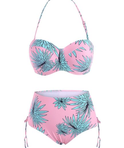 Dresslily Women Flower Print Halter Lace Up Moulded Bikini Swimwear Swimsuit L Light pink