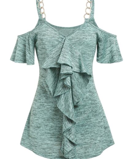 Women Cold Shoulder Ruffle Detail Heathered T-shirt Clothing L Green