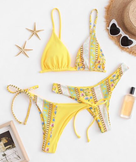 Women Three-Pieces ZAFUL Tribal Print High Cut Three Pieces Bikini Swimsuit L Yellow