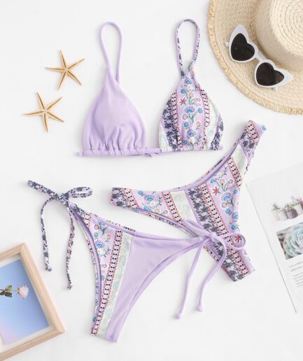 Women Three-Pieces ZAFUL Tribal Print High Cut Three Pieces Bikini Swimsuit L Light purple