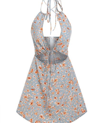 Print ZAFUL Flower Print Cutout Halter Dress L Light blue