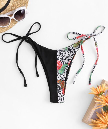ZAFUL Leopard Flower Paisley Print Ribbed Bikini Bottom M Black