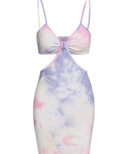 Bodycon Dress ZAFUL Ribbed Tie Dye Twisted Cutout Dress M Light purple