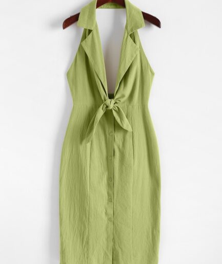 Mini Dress ZAFUL Retro Plunging Halter Knot Backless Midi Dress M Light green