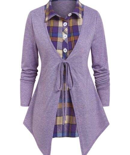 Women Plaid Print Overlay Faux Twinset T-shirt Clothing L Light purple