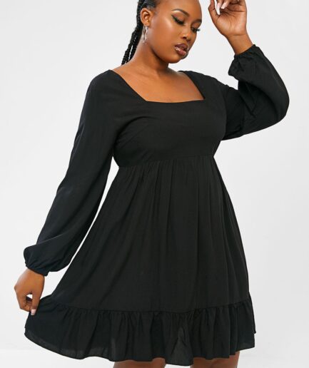 Women Dress ZAFUL Plus Size Ruffle Puff Sleeve Smock Dress L Black