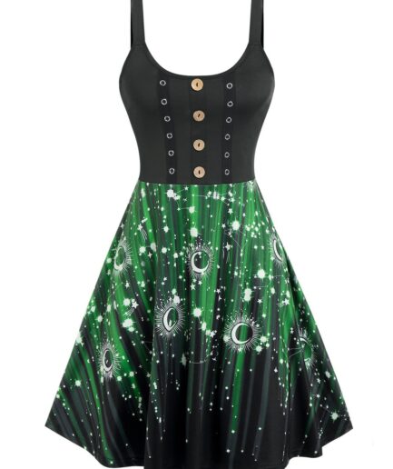 Dresslily Women Moon Star Printed Mock Buttons Flare A Line Mini Dress Clothing M Black