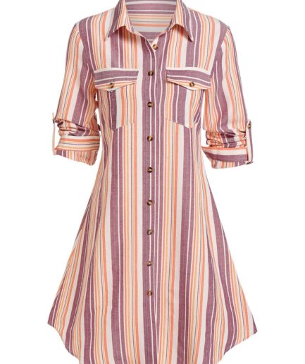 Dresslily Women Double Pockets Striped Print Shirt Dress Clothing M Red