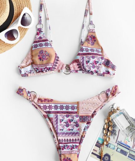 ZAFUL Ethnic Bohemian Floral O Ring Bikini Swimwear M