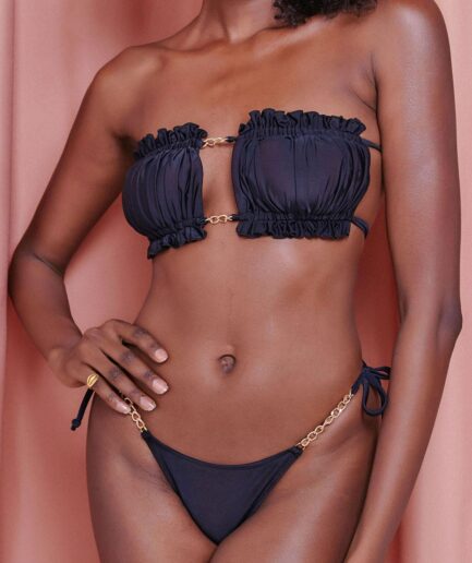 ZAFUL Frilled Ruched Chain Tie Tube Bikini Swimwear L Black