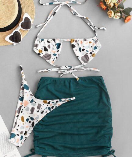 Women Three-Pieces ZAFUL Spotted High Cut Criss Cross Three Piece Bikini Swimwear M White