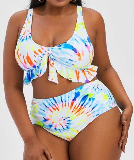 Dresslily Women Plus Size Tie Dye Ruffle Lace-up Knot Ruched Bikini Swimwear Swimsuit Beachwear L White