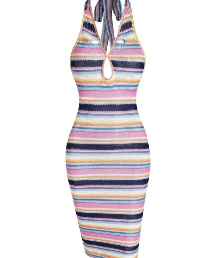 Bodycon Dress Keyhole Cutout Colorful Stripes Halter Knit Dress L