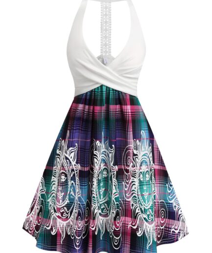 Dresslily Women Celestial Sun Moon Print Mini Dress Crossover Plunging A Line Dress Lace Insert Sleeveless Dress Clothing L Purple