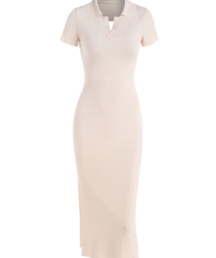 Bodycon Dress Ribbed Tied Open Back Side Slit Slinky Dress M Light coffee
