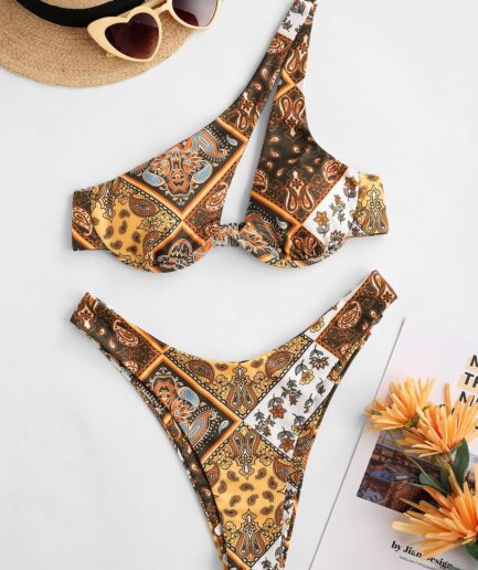 ZAFUL One Shoulder Ribbed Ethnic Scarf Paisley Print Monowire Cheeky Bikini Swimwear M Deep coffee