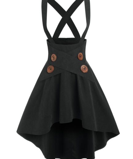 Women Mock Button High-low Suspender Skirt Clothing L Black