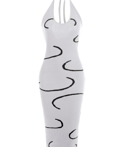 Women Graphic Halter Open Back Sweater Dress M White