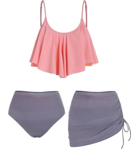 Dresslily Women Beach Bathing Suit Flounce Striped Print Swimsuit Cinched Skirt Three Piece Tankini Swimwear Swimsuit S Light pink