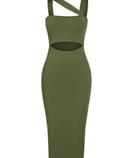 Mini Dress ZAFUL Cutout Skew Collar Midi Bodycon Dress M Deep green