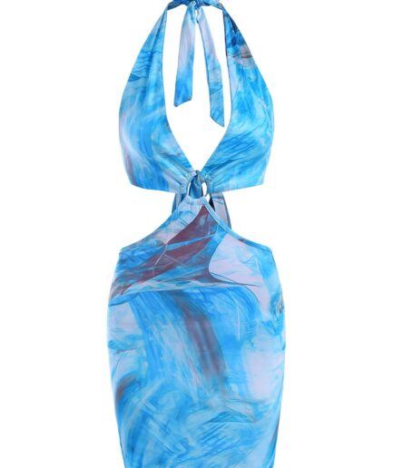 Bodycon Dress Halter Ring Cutout Abstract Print Slinky Bodycon Dress M Light blue