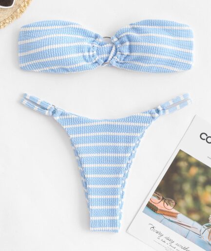 ZAFUL Stripes Crinkle High Cut O-ring Bandeau Bikini Swimwear M Light blue