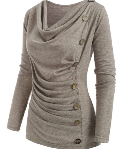 Dresslily Women Heather Mock Button Long Sleeves Draped Cowl Neck T-shirt Clothing M Light coffee
