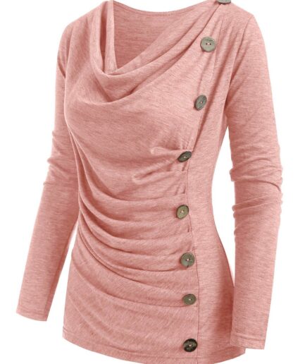 Dresslily Women Heather Mock Button Long Sleeves Draped Cowl Neck T-shirt Clothing L Light pink