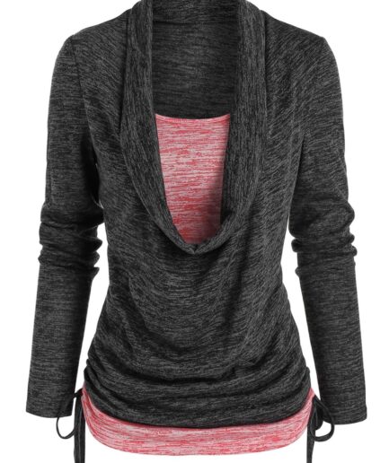 Dresslily Women Space Dye Print Long Sleeves Draped Cinched Faux Twinset T-shirt Clothing L Multicolor