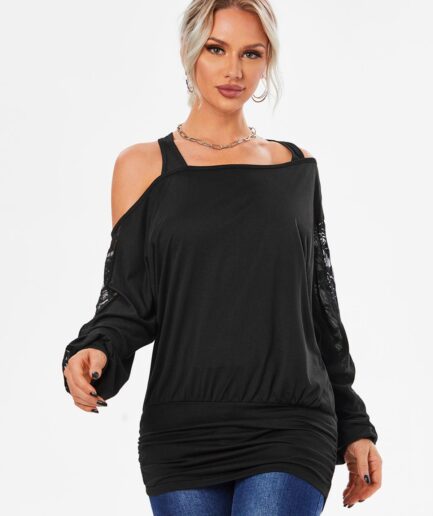 Dresslily Women Cold Shoulder Lace Panel Skew Neck T-shirt Clothing S Black