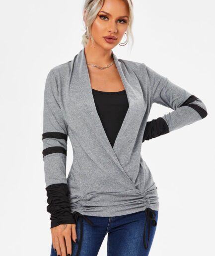 Dresslily Women Cinched Contrast Colorblock Striped Long Sleeves Surplice Faux Twinset T-shirt Clothing S Gray