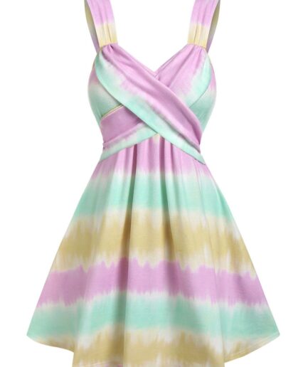 Dresslily Women Tie Dye Print Mini Dress Crossover Pastel Striped A Line Dress Sleeveless Summer Dress Clothing M Multicolor