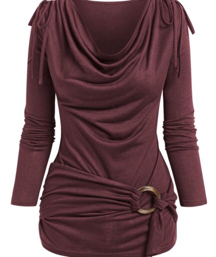 Dresslily Women Plain Cinched Cowl Neck Draped Long Sleeves O Ring T Shirt Clothing L Deep red