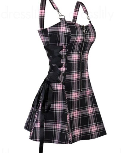 Dresslily Vintage Plaid Print Mini Dress Lace Up Gothic Dress O Ring Half Zipper Strap Sleeveless Dress M Light pink