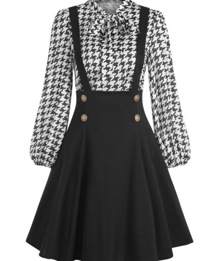 Women Vintage Suspender A Line Skirt and Houndstooth Bowknot Retro Blouse Set L Black