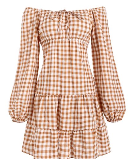 Dresslily Women Plaid Print Mini Dress Off The Shoulder Lantern Sleeve Tiered A Line Dress Clothing M Light orange
