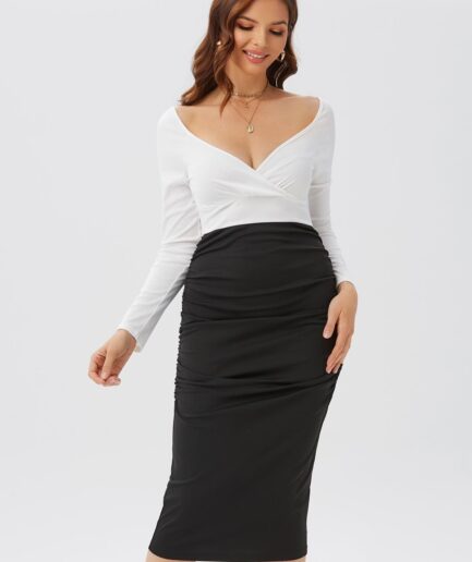 Women Long Sleeve Two Tone Ruched Bodycon Dress Clothing L White