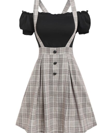 Women Vintage Ruched Off The Shoulder Tee and Crisscross Plaid Suspender Skirt Set L Multicolor