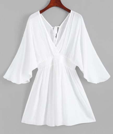 Surplice Tie Flutter Sleeve Cover Up Dress M White